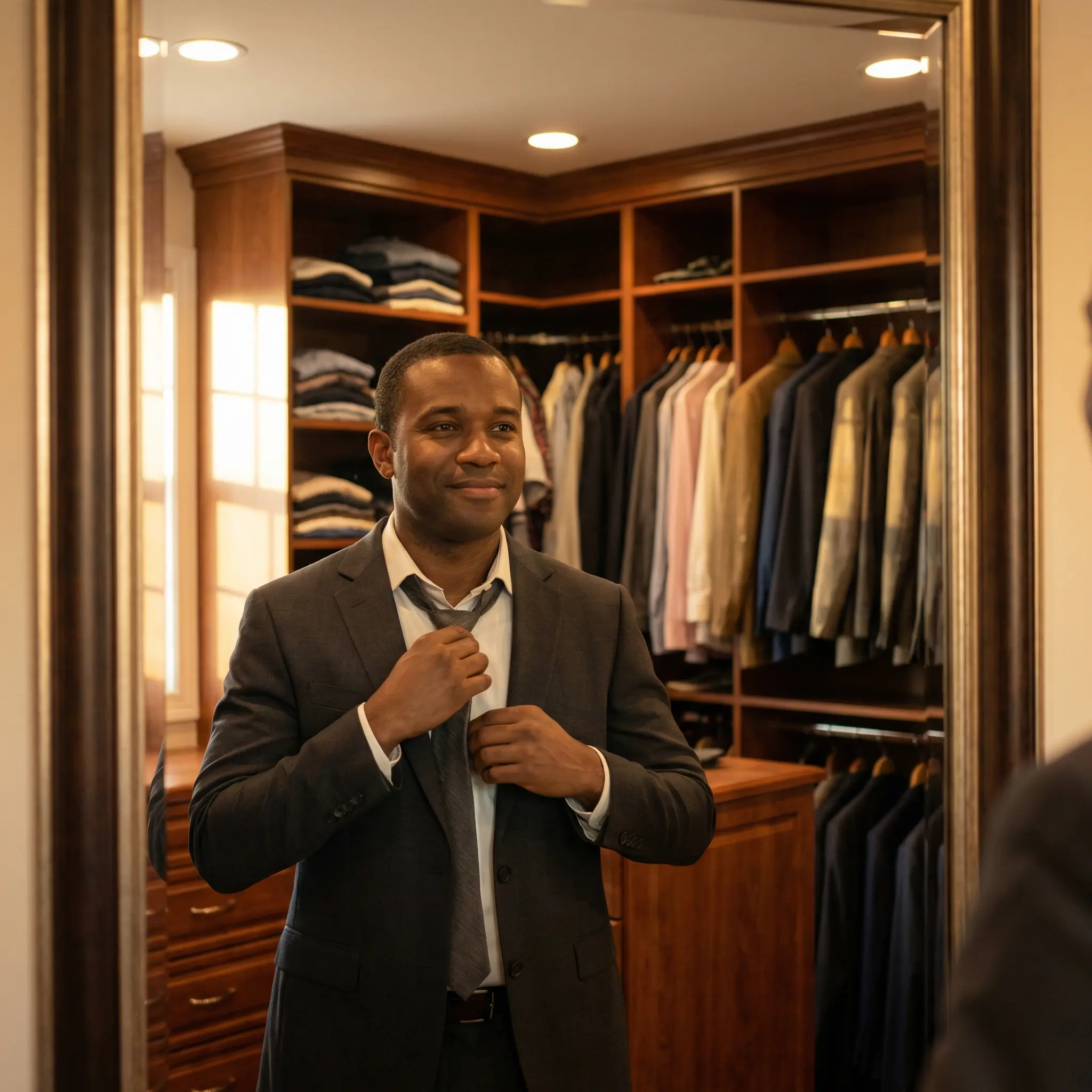 About-Locality-Bank.png A man in a suit smiling at his reflection while adjusting his tie in a well-organized walk-in closet.