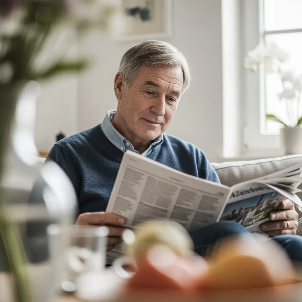 Homme âgé assis sur un canapé, lisant un journal dans un salon bien éclairé, avec des fruits et un vase flous au premier plan.