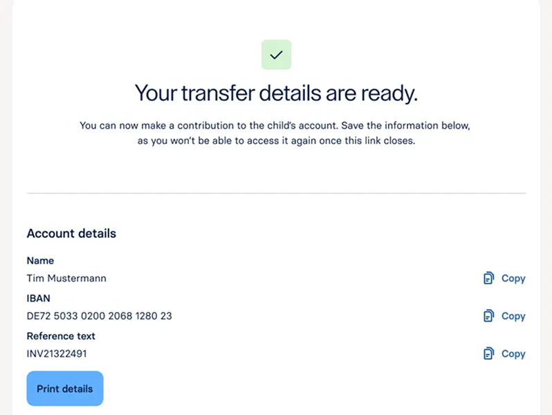 Raisin DE-Erfolgsbildschirm mit den Überweisungsdaten für ein Kinderdepot