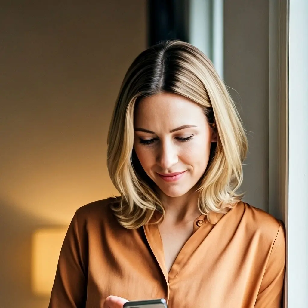 A woman in a brown blouse stands by a window, smiling slightly as she looks down at her smartphone.