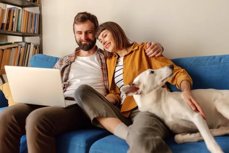 A couple relaxing on a blue sofa with a laptop open on a lap while petting a white dog.