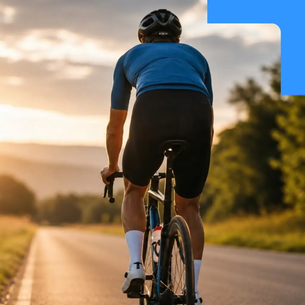 A man in a blue jersey riding a bicycle along a road, heading towards the sunset