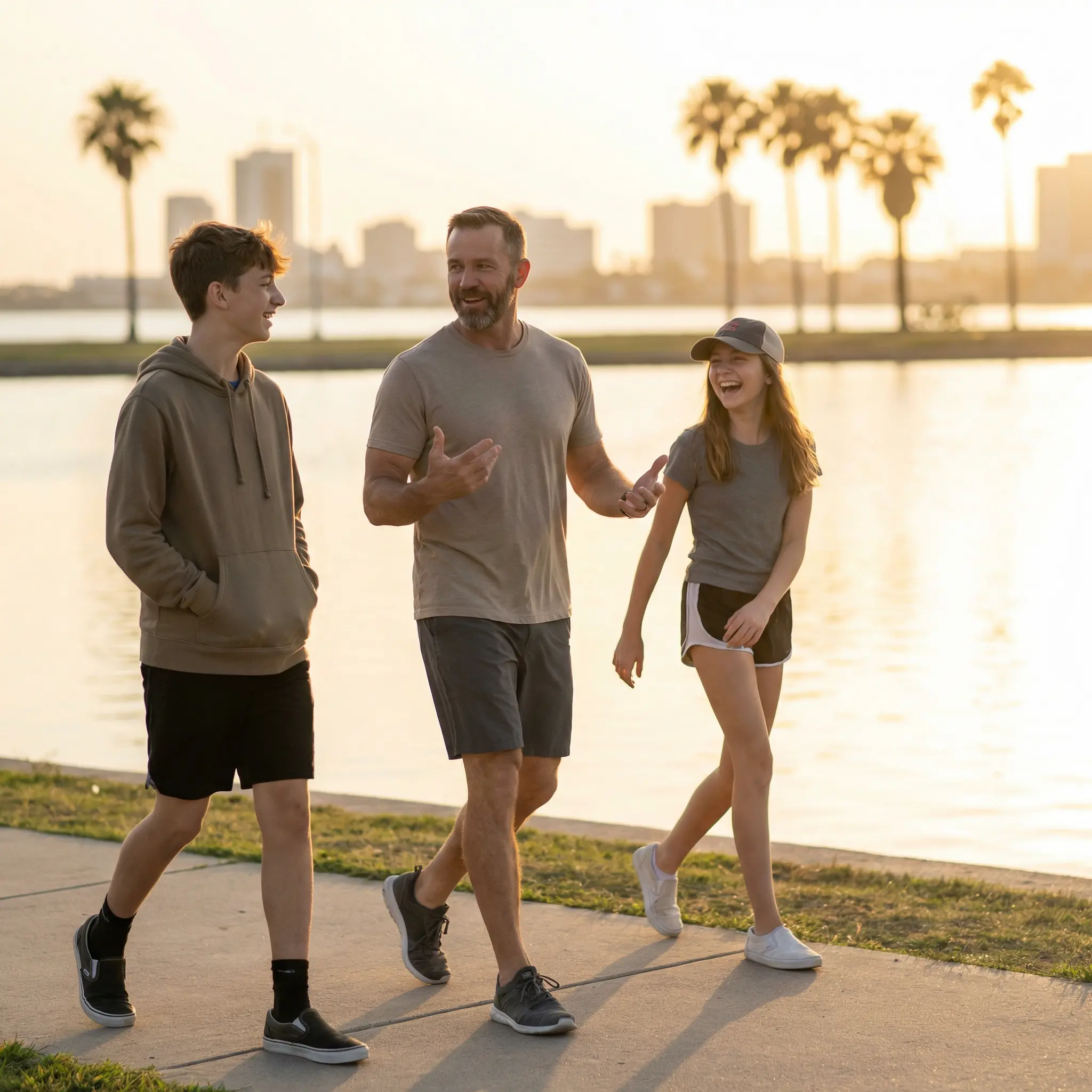 About-First-Community.png Man walking and talking with two kids along a waterfront at sunset