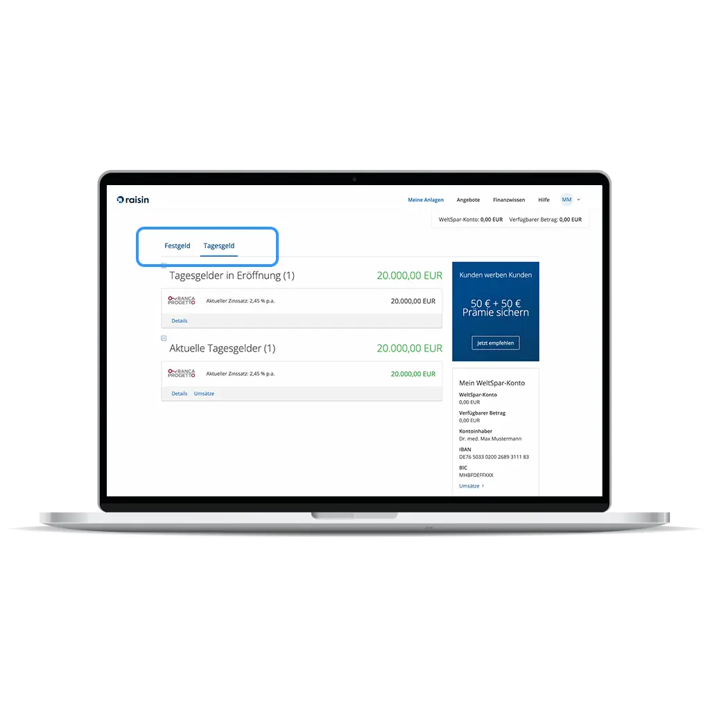 Raisin DE-Alte Ansicht Geldanlage Übersicht der Geldanlagen im alten Design.
