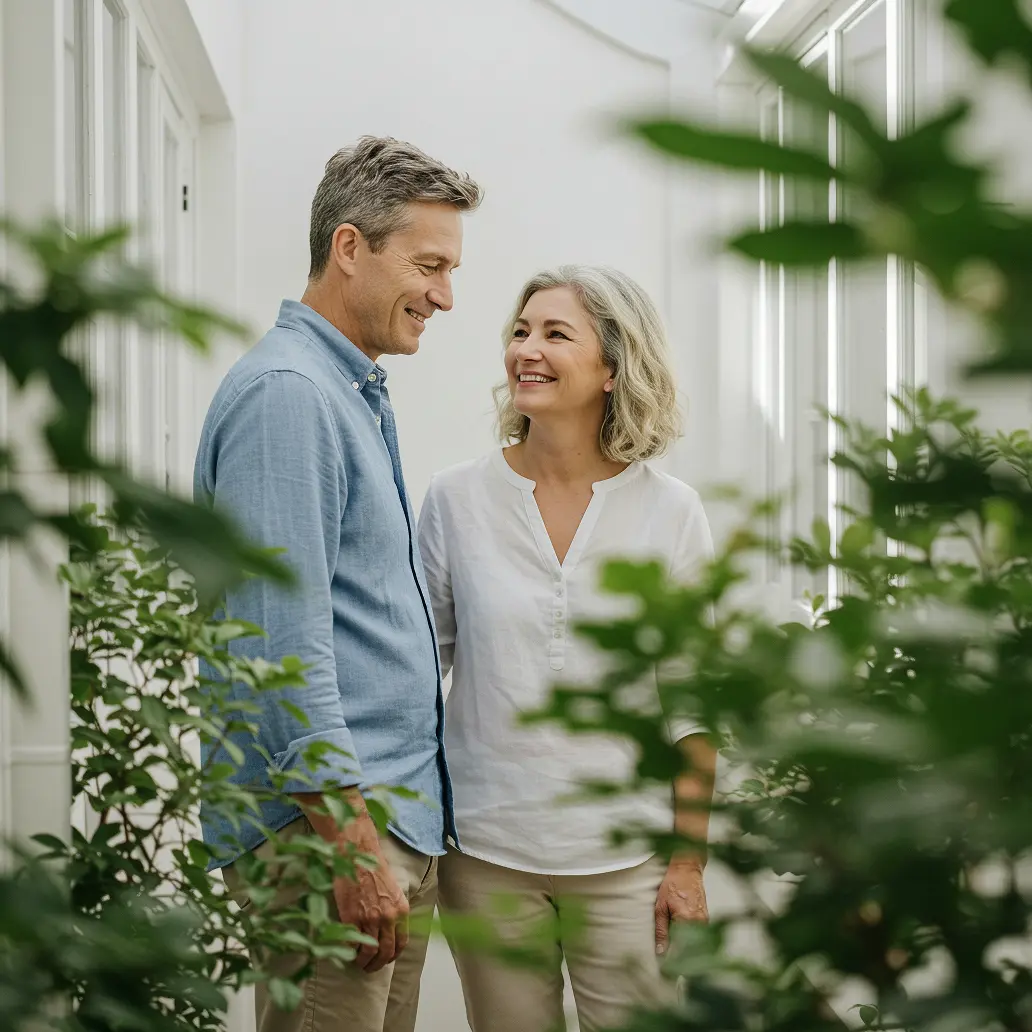 Smiling mature couple standing together indoors surrounded by green plants.