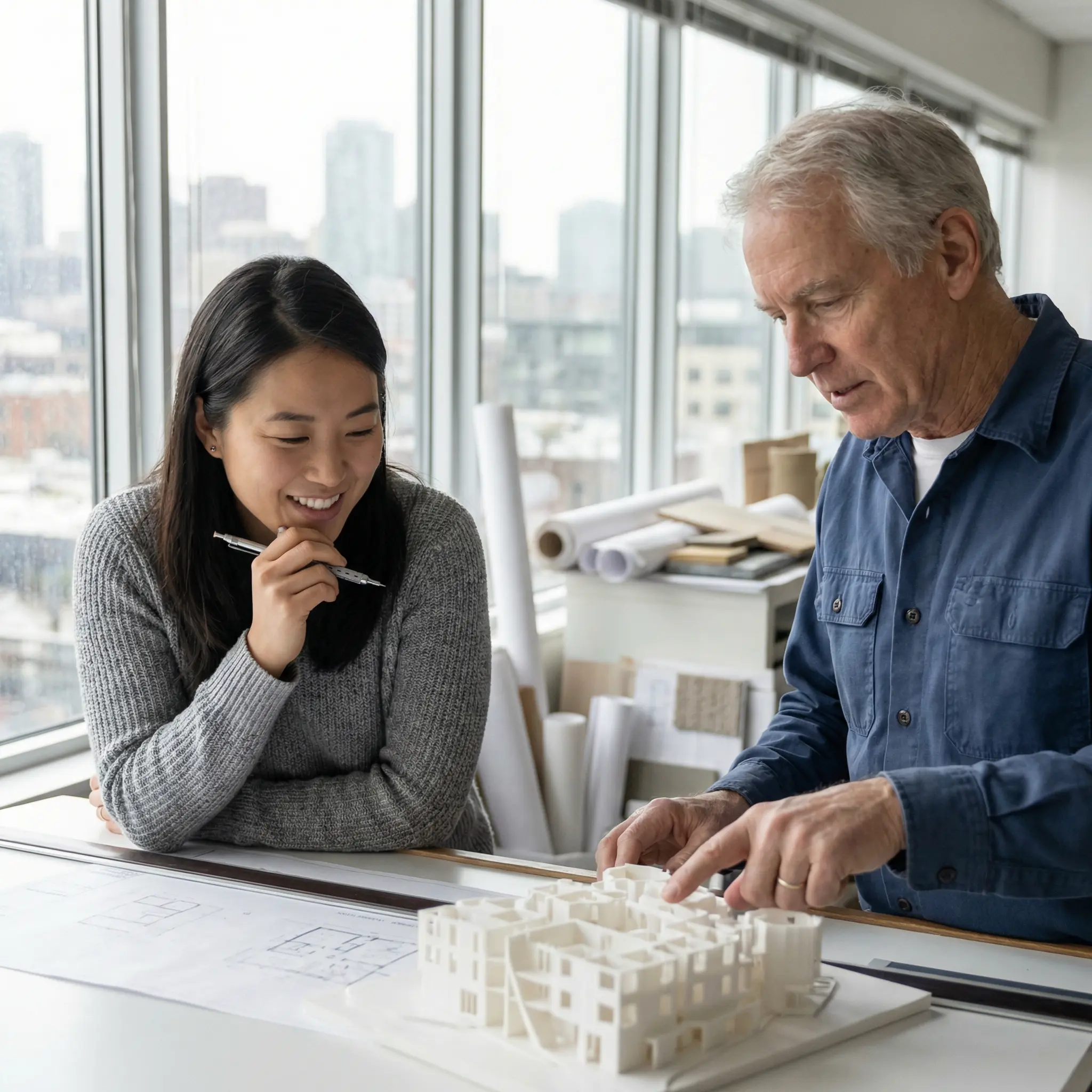 About-Golden-State-Bank.png An older male architect and a young female colleague reviewing a white 3D architectural model and blueprints.