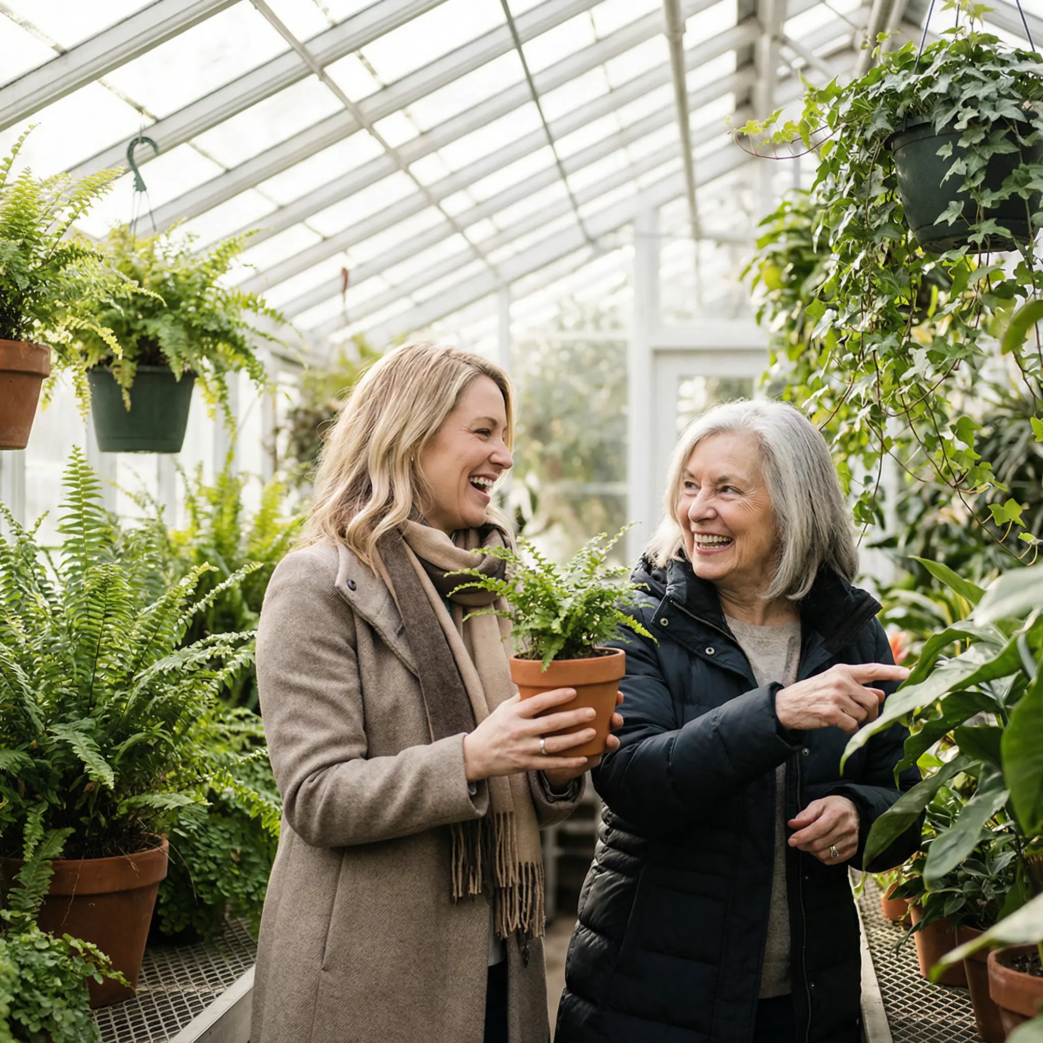 About-SkyOne-Federal-Credit-Union.png Two women laughing together while looking at potted ferns inside a bright, lush glass greenhouse.