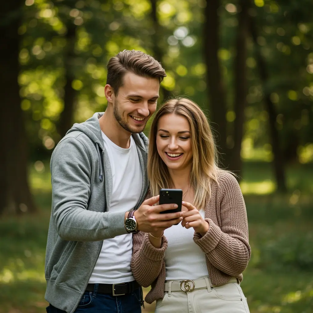 Ein junges Paar steht im Wald und seht sich etwas auf einem Smartphone an.