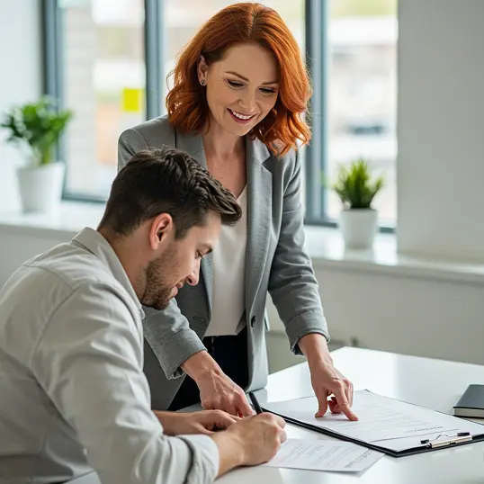 A woman in business attire smiles while guiding a man who is seated and signing a document on a clipboard at a desk in a bright office, indicating a collaborative and supportive work interaction, likely involving onboarding or contract agreement.