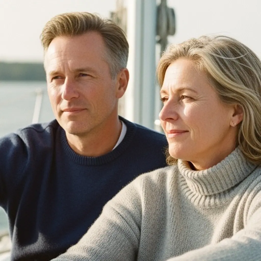 Mann und Frau mit blondem Haar schauen in die Ferne und lächeln