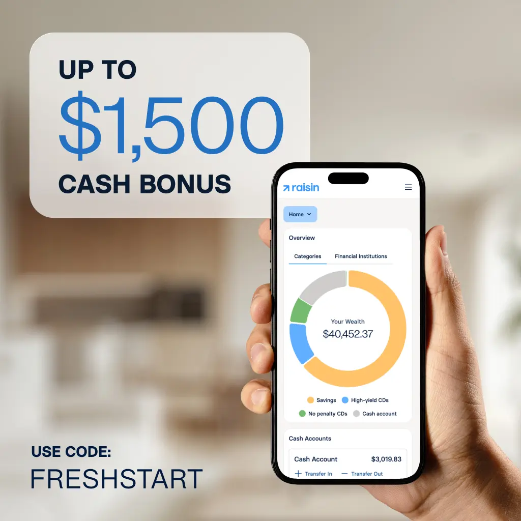 Hand holding phone with Raisin dashboard