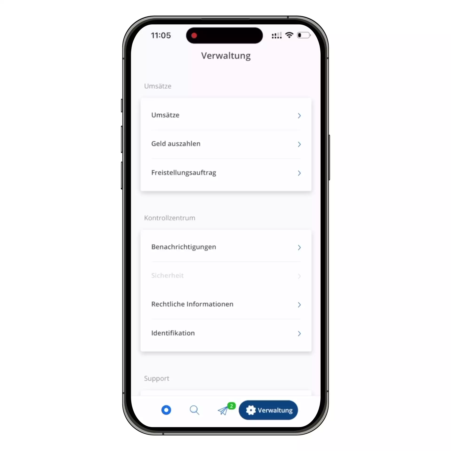 Animation der Raisin-App, die die Kontaktmöglichkeiten (Telefon, E-Mail) zeigt und FAQ der Kundenbetreuung zeigt.