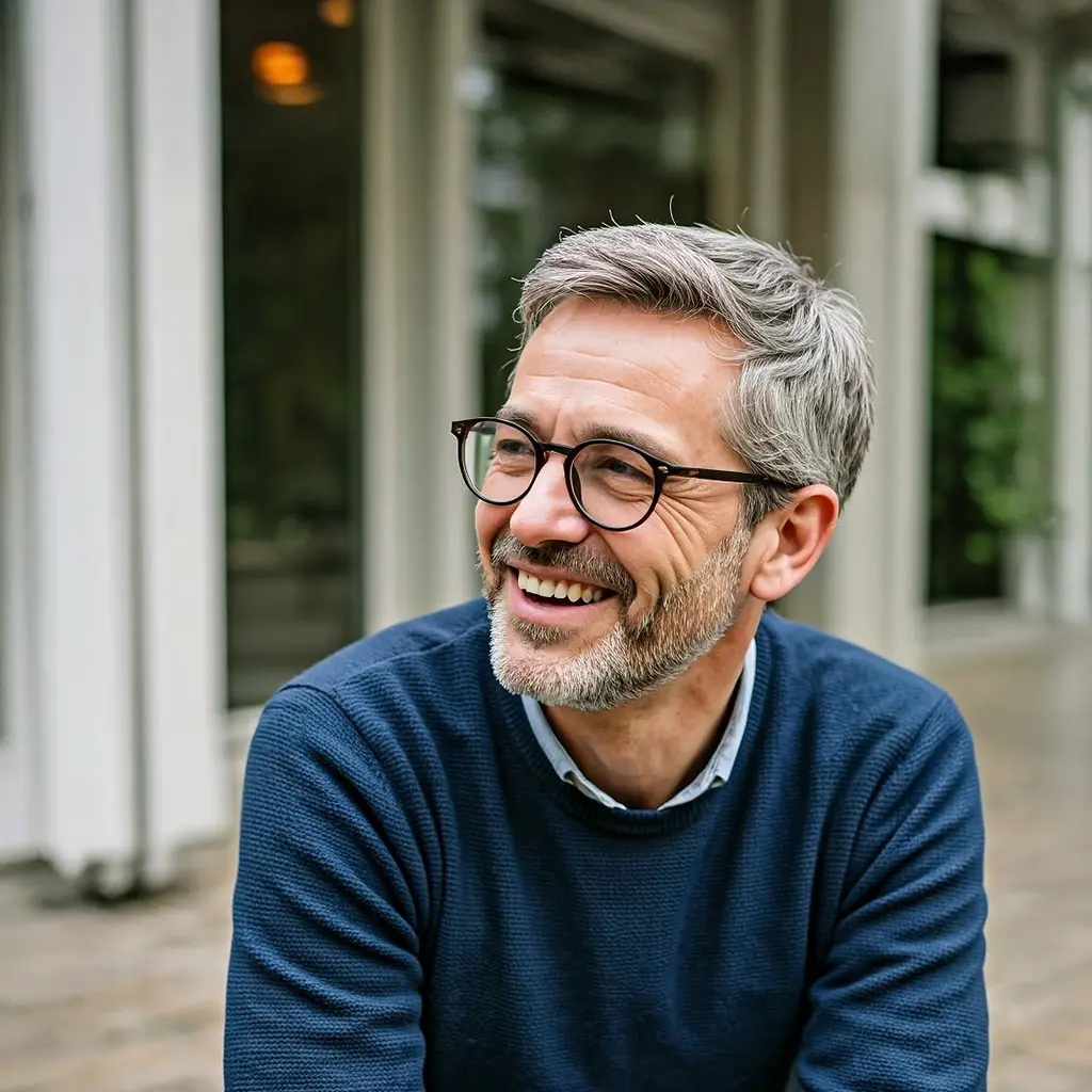 Hymyilevä mies istuu ulkona rakennuksen edustalla ja katsoo sivulle rennosti.