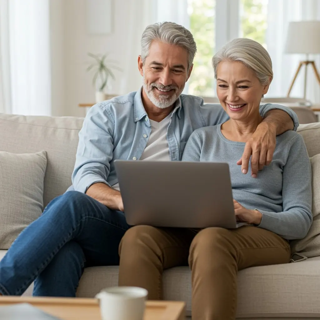Iloinen pariskunta istuu sohvalla ja käyttää kannettavaa tietokonetta yhdessä kotona.