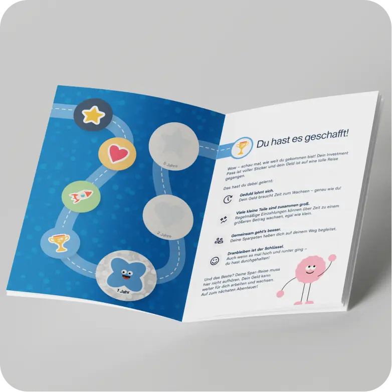 raisin_de_investmentpass.png Geöffneter Investment-Pass für Kinder, der eine Meilenstein-Route mit Stickern und einfache Spartipps zeigt.