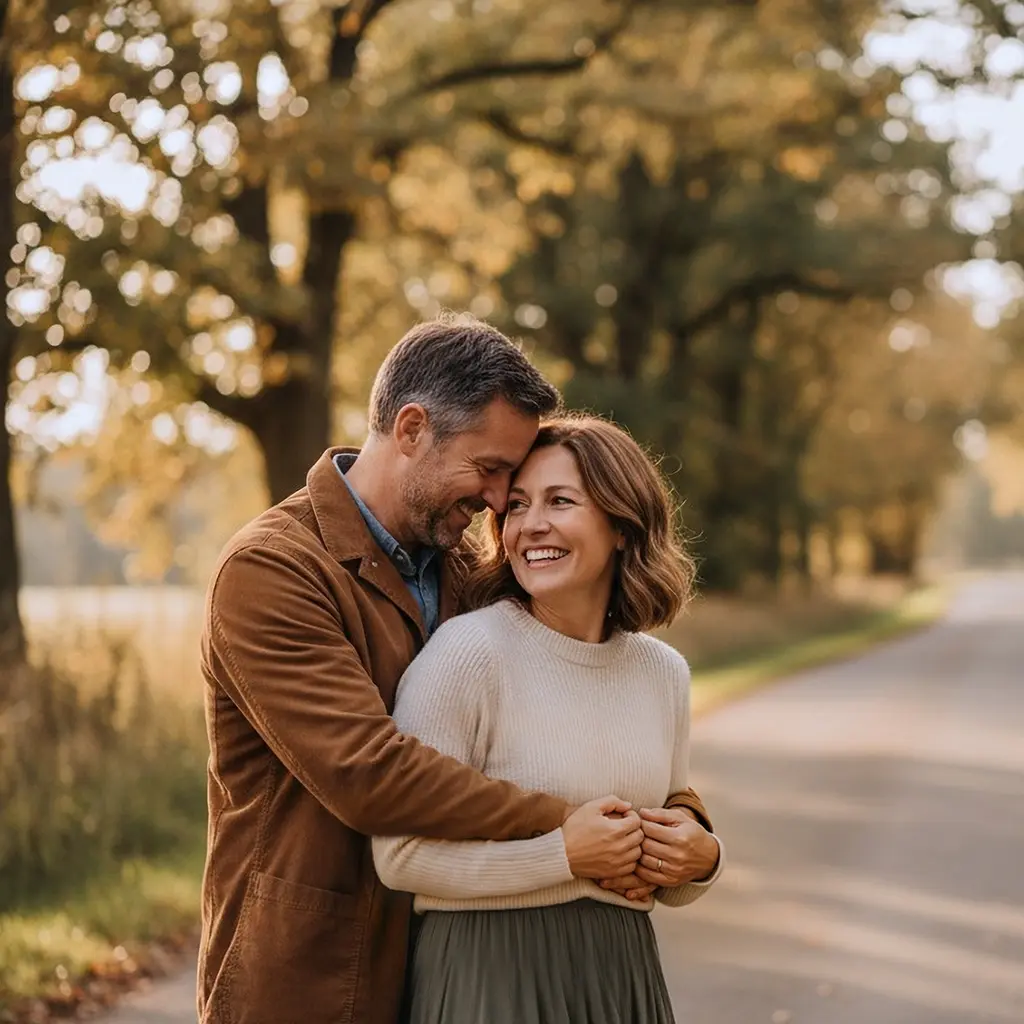 Hymyilevä pariskunta seisoo sylikkäin puiden reunustamalla tiellä syksyisessä maisemassa.