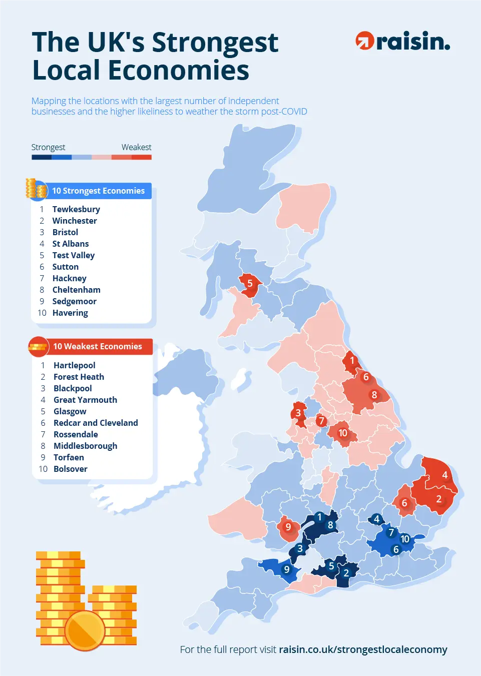 Raisin UK- UK map of local economy strength Infographic map showing the strongest local economies in the UK