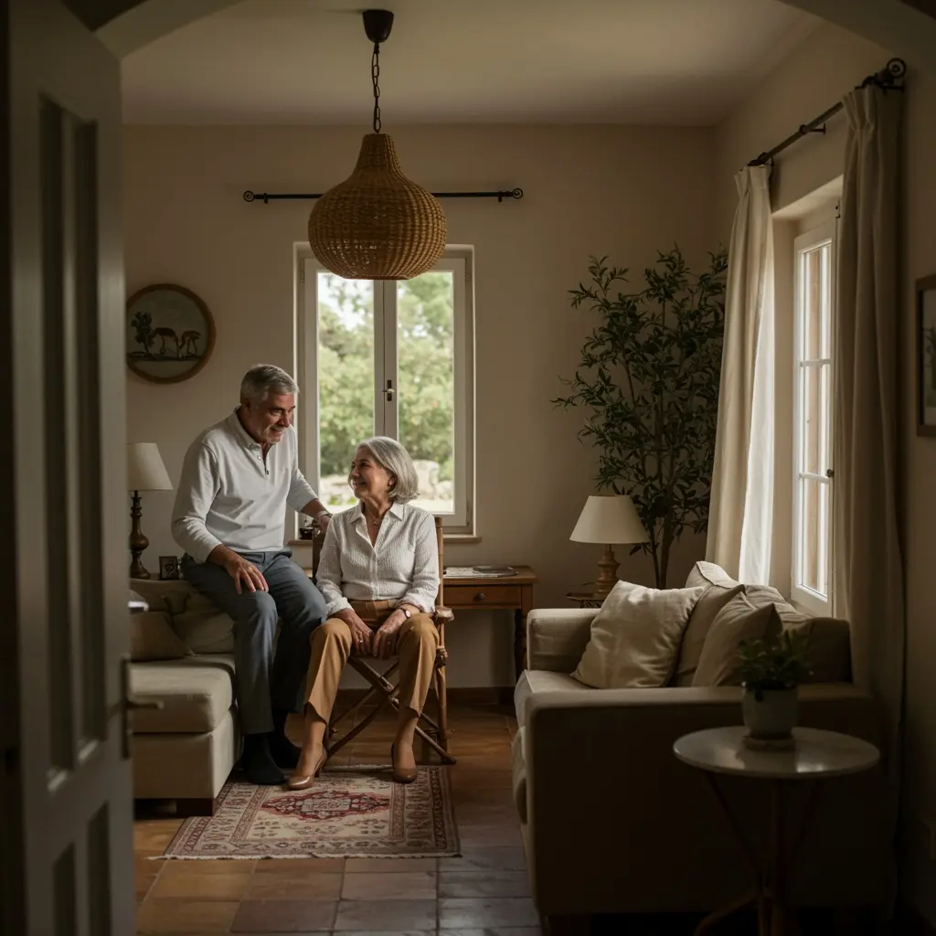 Older couple smiling at each other in a cozy, naturally lit living room.