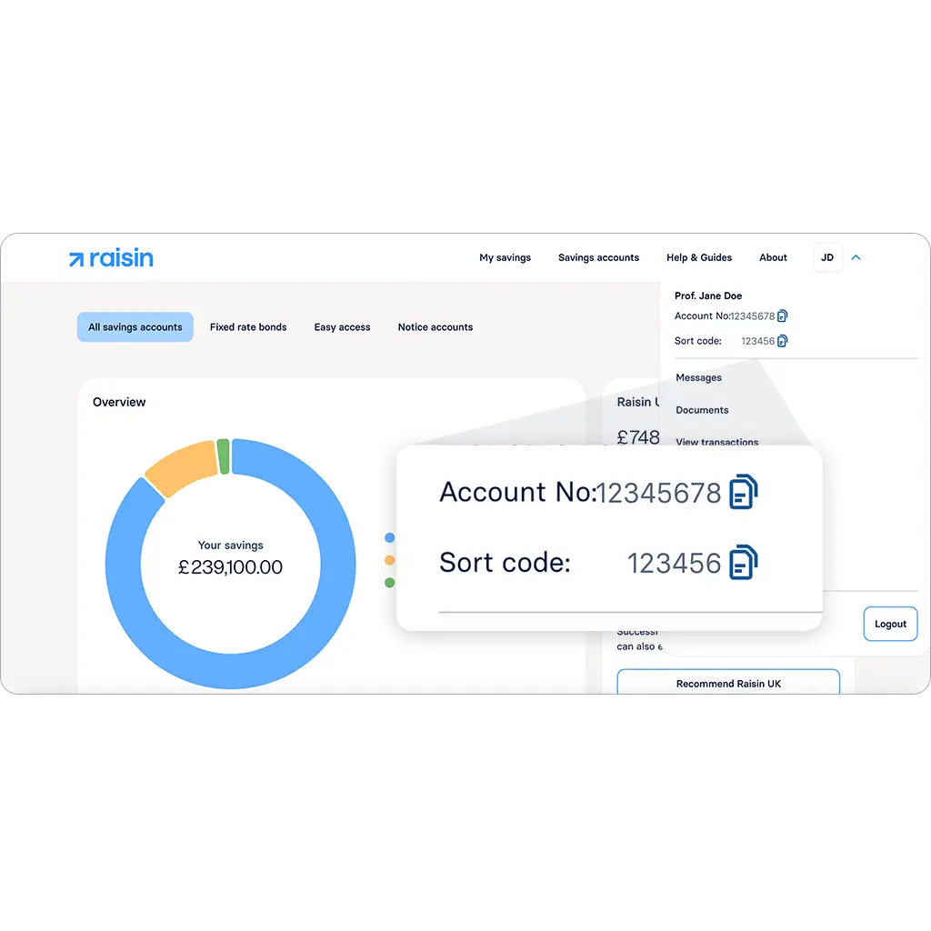 raisin_uk_transaction_account_screenshot.png A screenshot of the Raisin UK dashboard, with the customer's Transaction Account number and sort code highlighted.