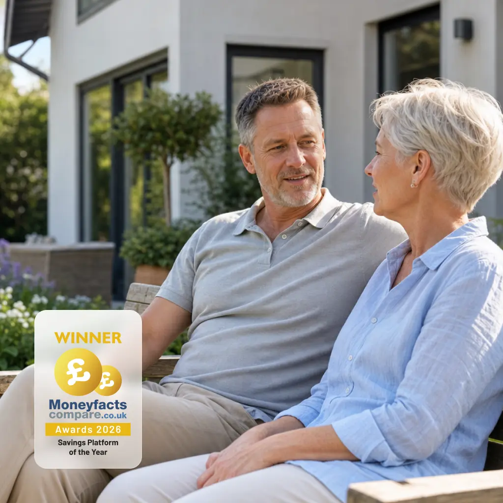 A male and female couple in their 60s, sat in front of a house