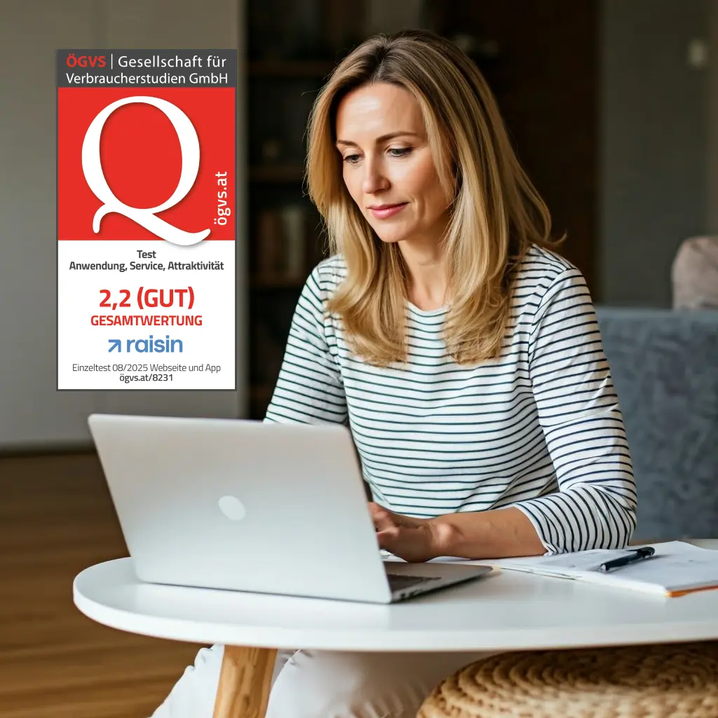 Eine Frau sitzt auf einer Couch und unten links sind zwei Auszeichnungen für Raisin AT abgebildet.