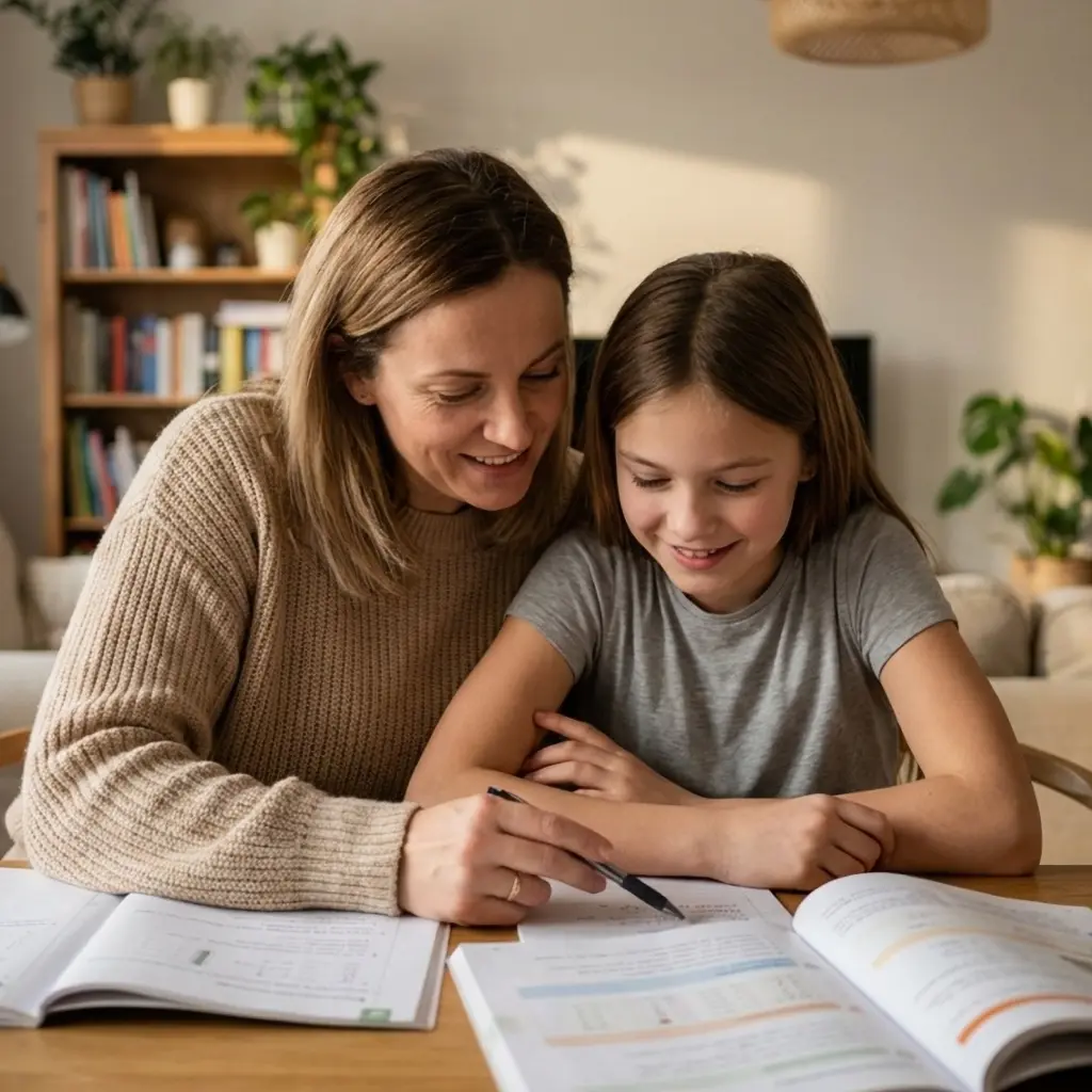 raisin de Mutter lernt mit Kind Raisin DE- Mutter unterstützt ihr Kind beim Lernen am Tisch und erklärt gemeinsam Schulaufgaben