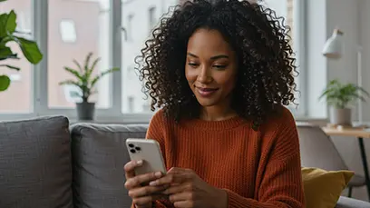 Nainen katsoo älypuhelimen näyttöä ja hymyilee.