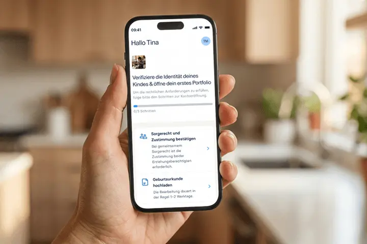 Raisin DE- Smartphone zeigt die Identitätsprüfung für das Kinderkonto mit Upload-Optionen
