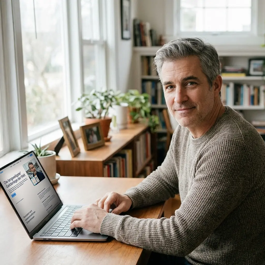 Raisin DE Mann am Laptop Ein Mann mittleren Alters sitzt an einem Schreibtisch vor einem Laptop und arbeitet. Er blickt freundlich in die Kamera. Der Raum ist hell und mit Pflanzen sowie einem Bücherregal eingerichtet, große Fenster lassen viel Tageslicht herein. Auf dem Laptop ist eine Webseite von Raisin geöffnet.