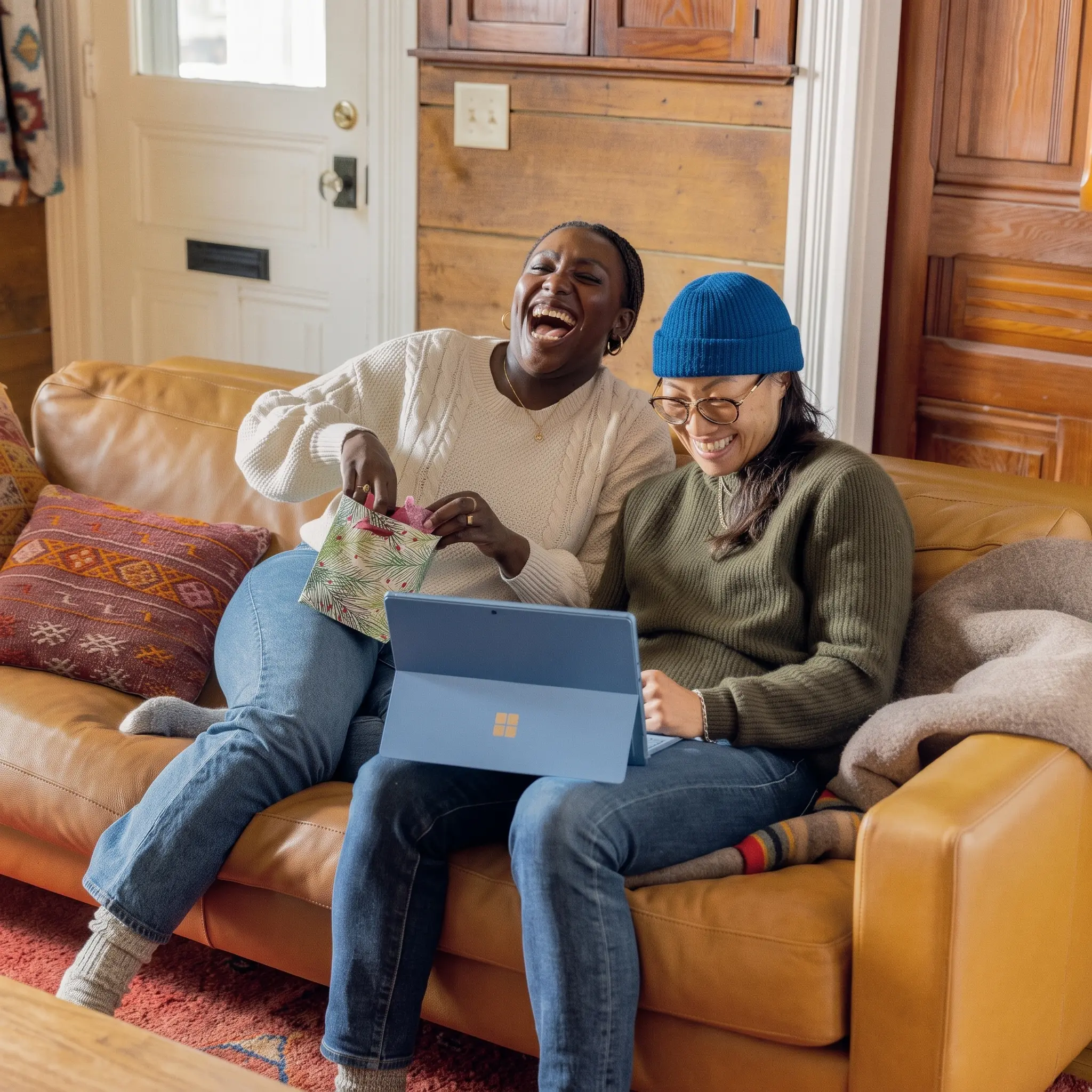 Two women laughing on a leather couch while looking at a blue laptop and opening a small gift bag.