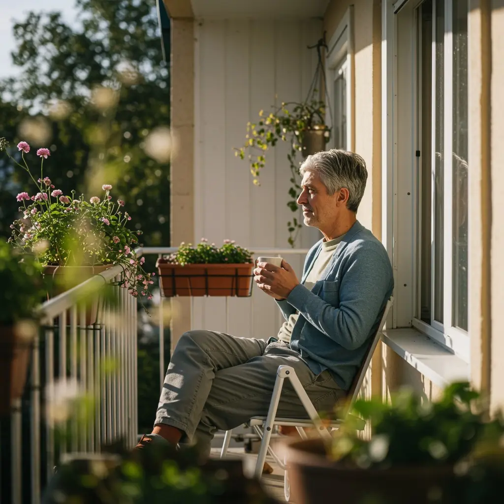 Hombre con taza de té en el balcón.