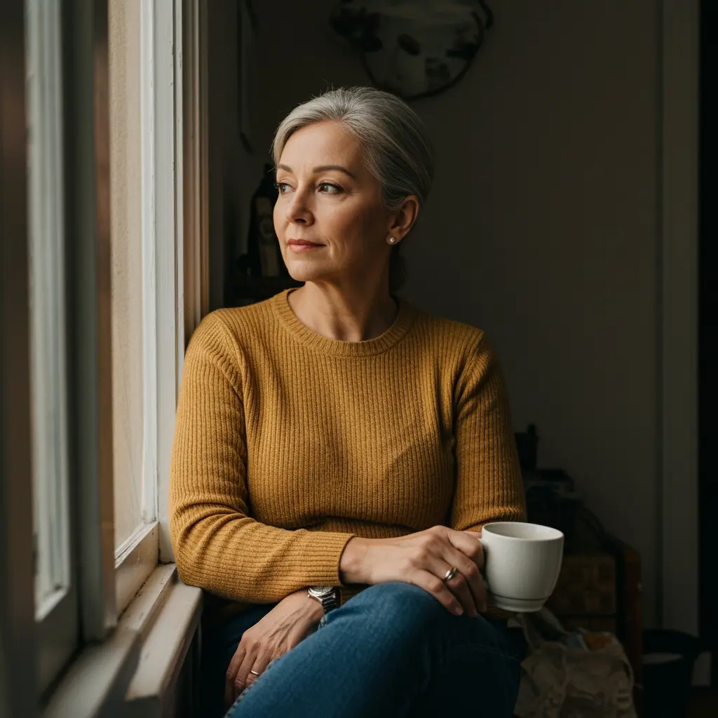 A woman with grey hair in a mustard sweater sits by a window holding a white mug, gazing thoughtfully outside.