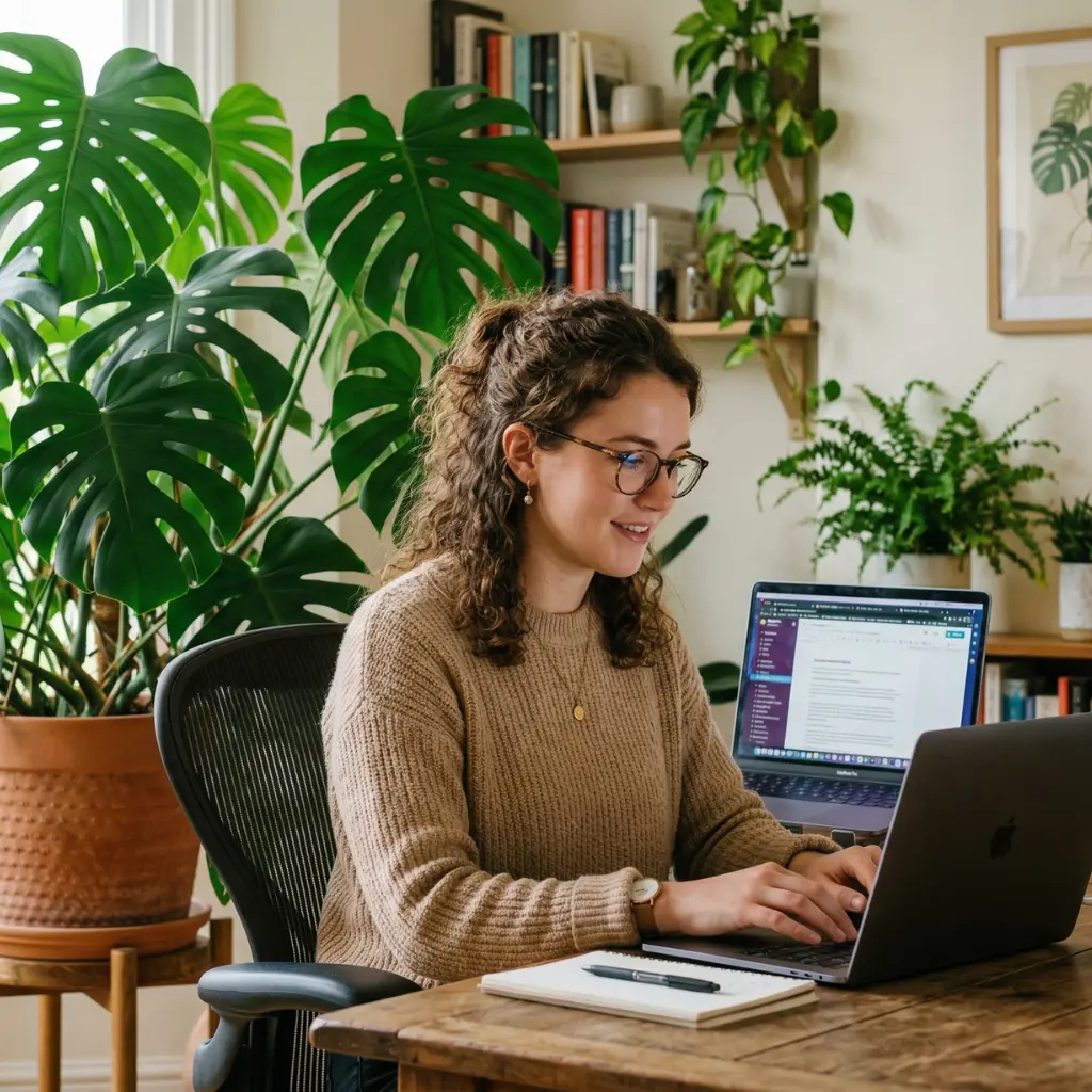 Vrouw achter een laptop met planten