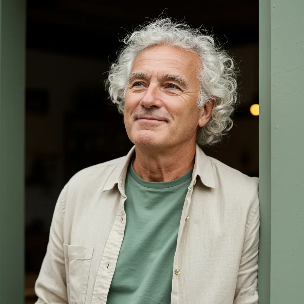 Älterer Mann steht an der Tür.