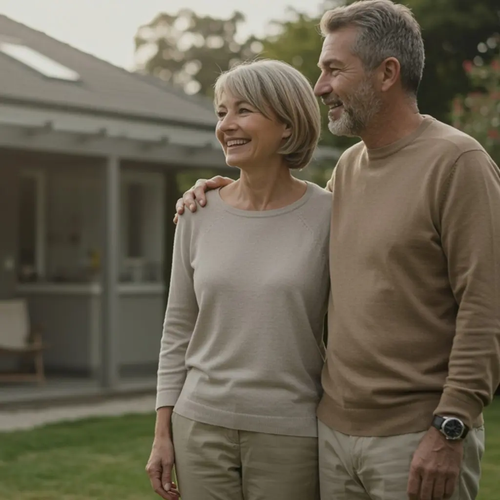 Pariskunta seisoo ulkona kotinsa pihalla ja katsoo eteenpäin hymyillen.