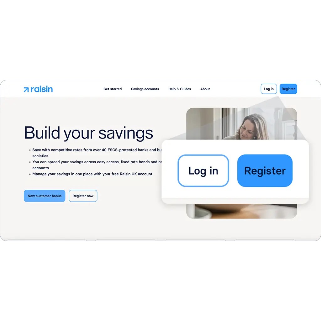 raisin_uk_homepage_registration_highlight.png Screenshot of the Raisin UK homepage with 'log in' and 'register' highlighted