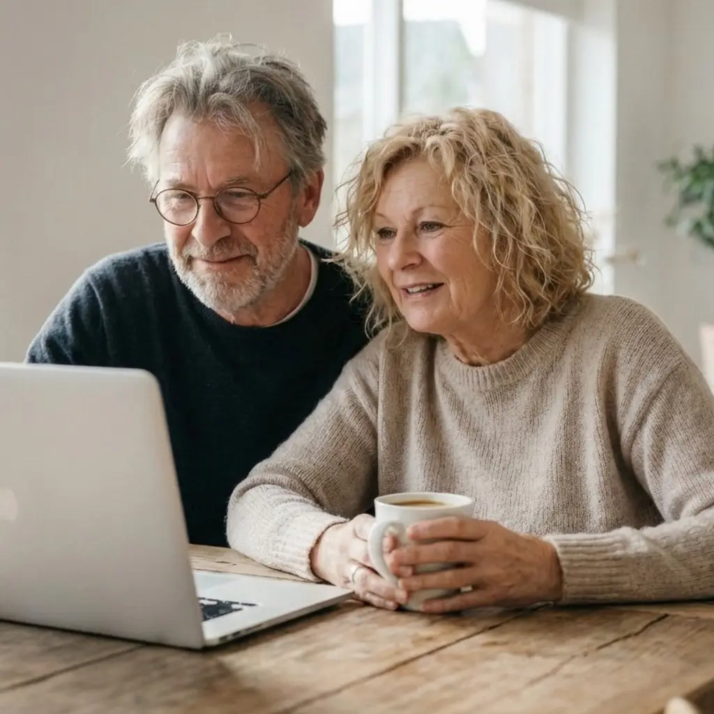 Ouder echtpaar kijkt samen op laptop