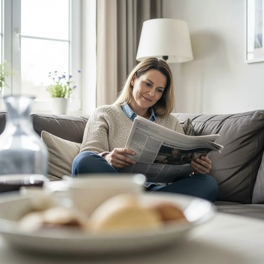 Eine lächelnde Frau in einem hellen Wollpullover sitzt auf einem Sofa und liest Zeitung.