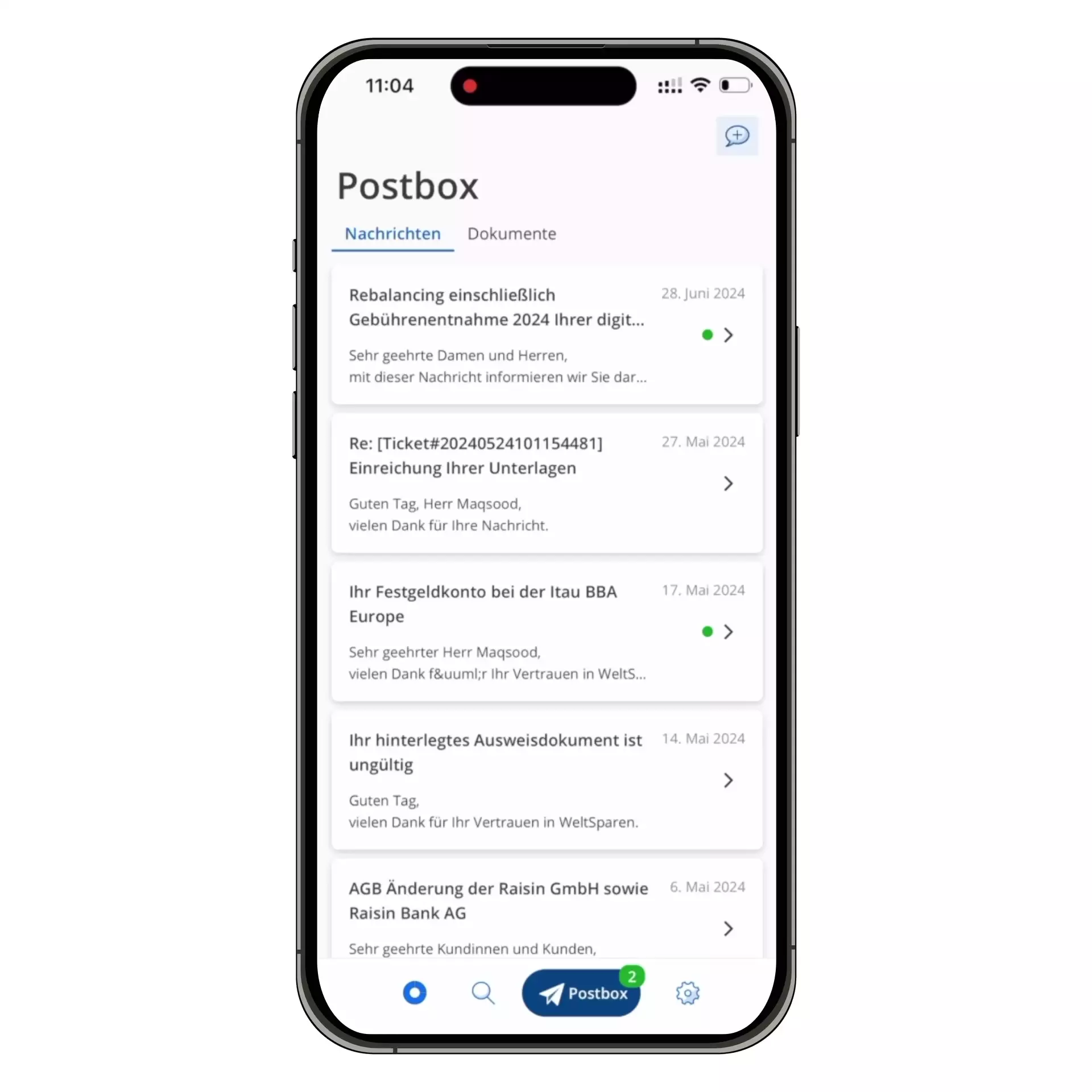 Animation der Raisin-App, der die Postbox mit Nachrichten und Dokumenten zeigt.