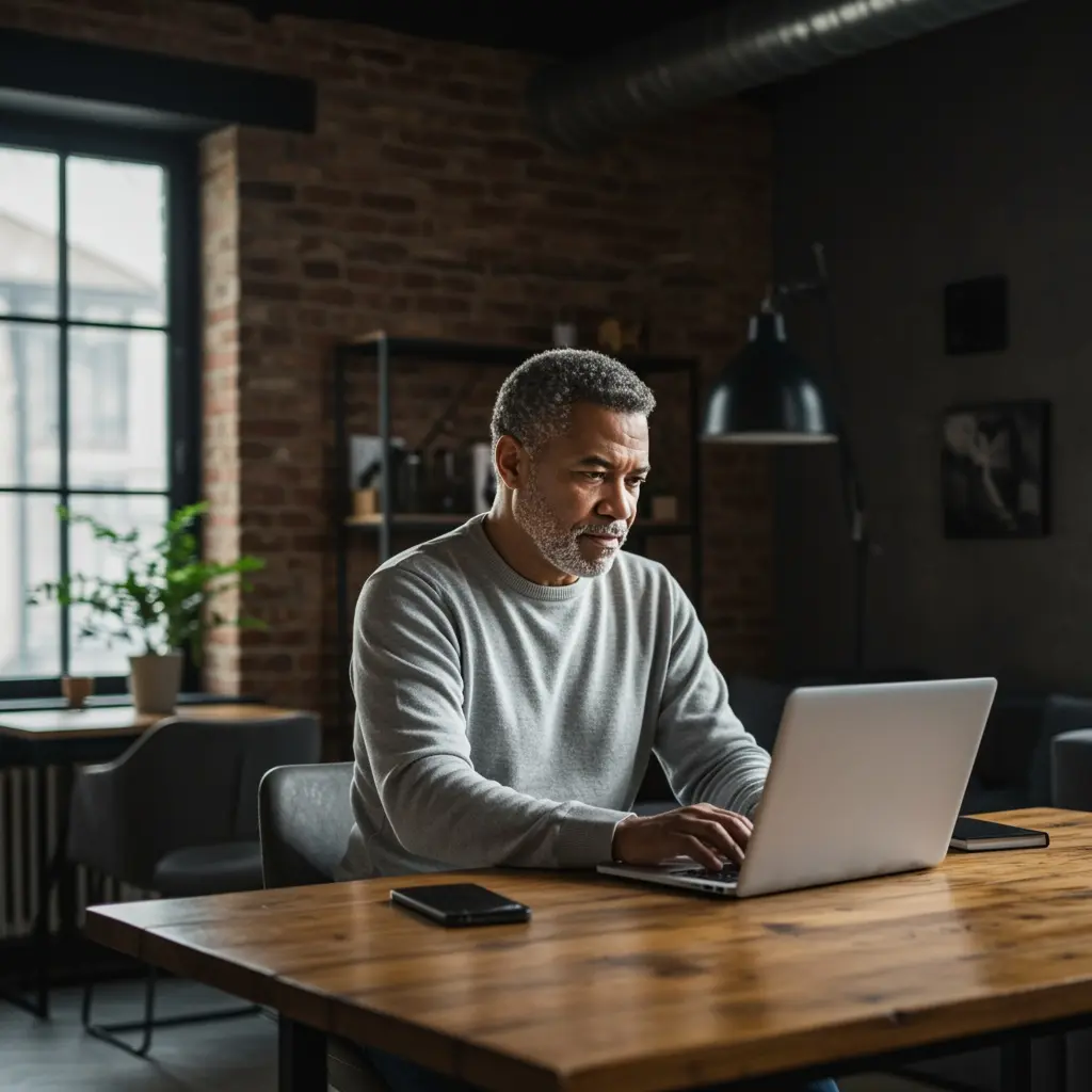 Focused middle-aged man working on a laptop at a wooden table in a modern, loft-style room with brick walls and large windows.