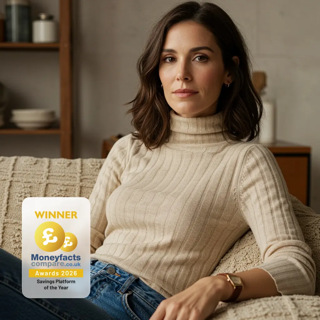 A woman in a cream jumper sitting on a sofa, looking directly at the camera