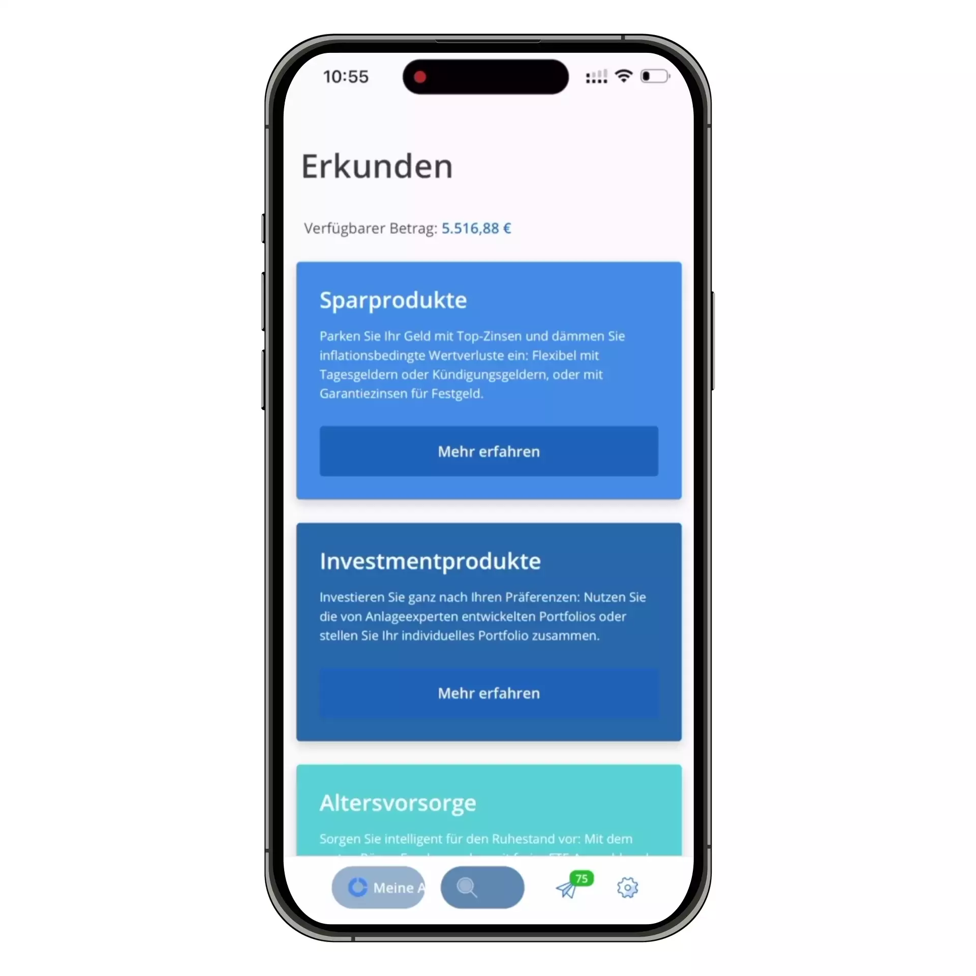 Animation der WeltSparen-App, der den Bereich zur Erkundung von Anlageangeboten zeigt.
