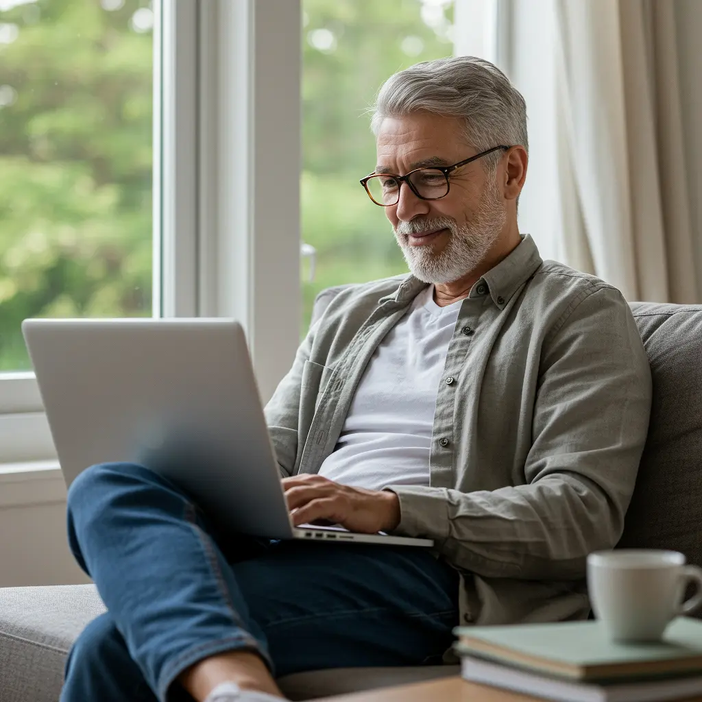 Ein Mann sitzt mit einem Laptop auf dem Sessel.