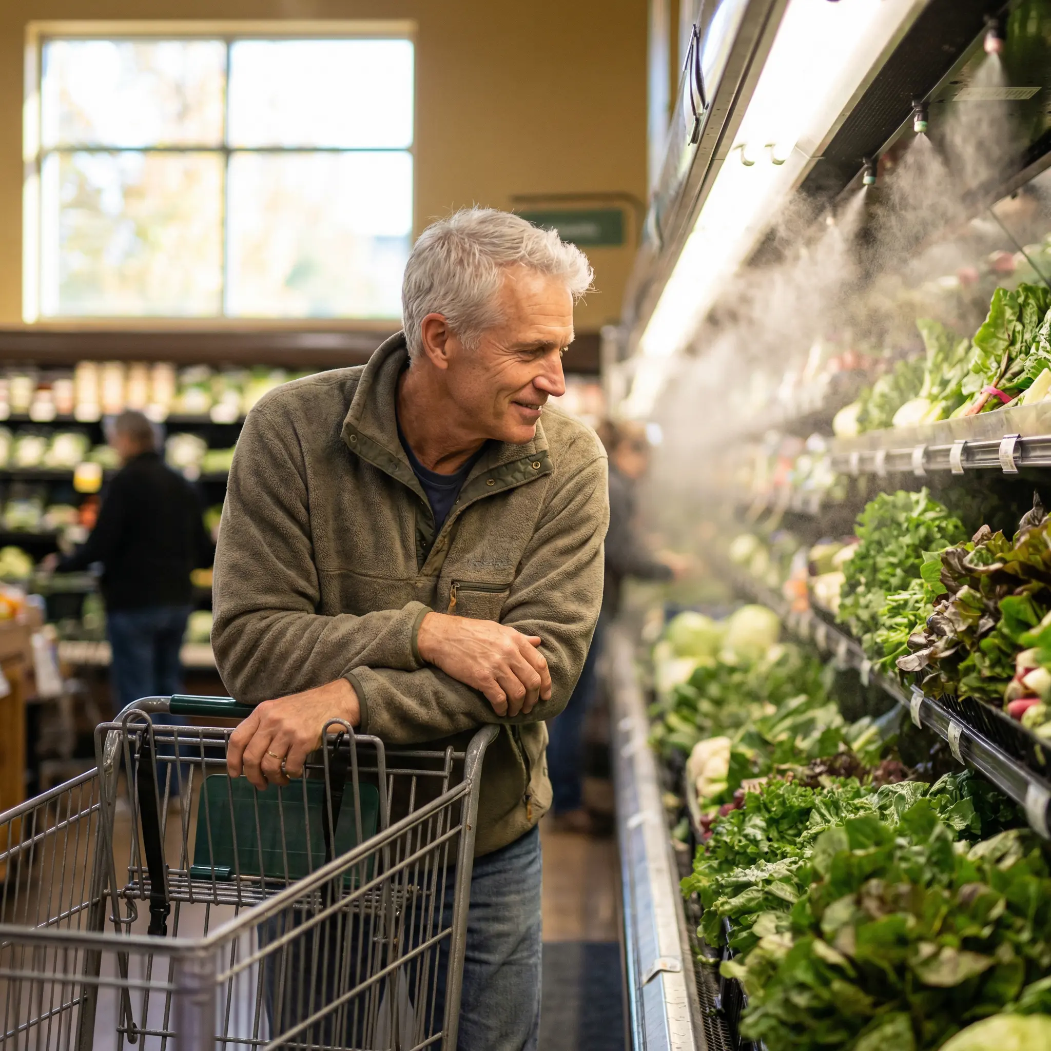 About-CFBank.png A man leaning on his shopping cart and smiling while selecting fresh green produce at a local grocery store.