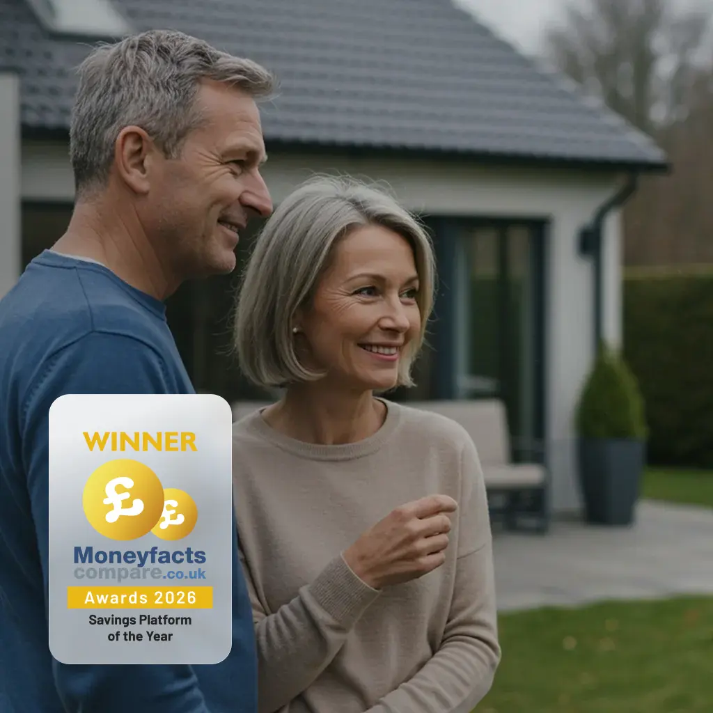 A male and female couple in their 50s, stood in front of a house