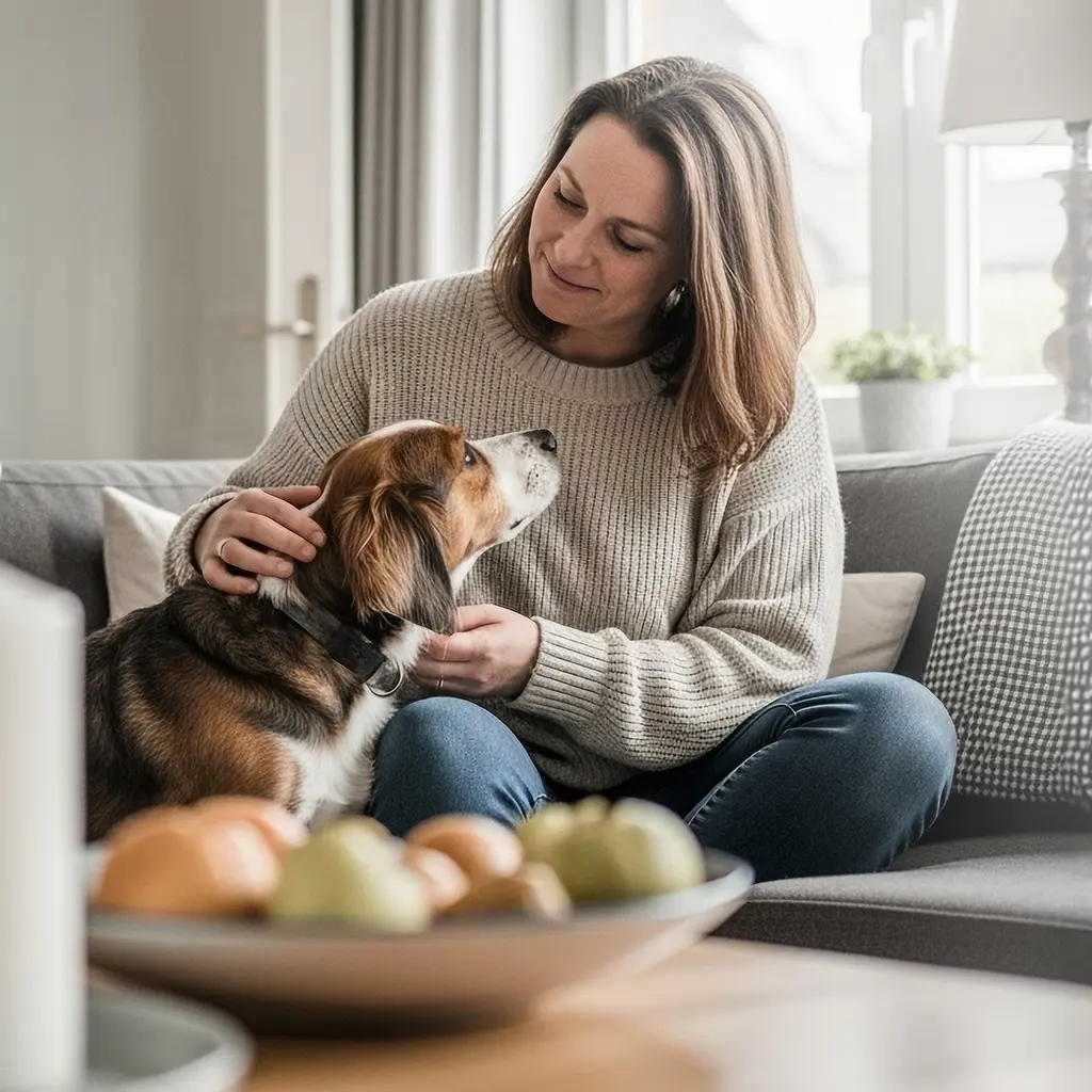 A woman in her 40s sits next to a dog on a grey sofa in a sunlit living room. She is stroking the dog's neck while the dog looks up at her.