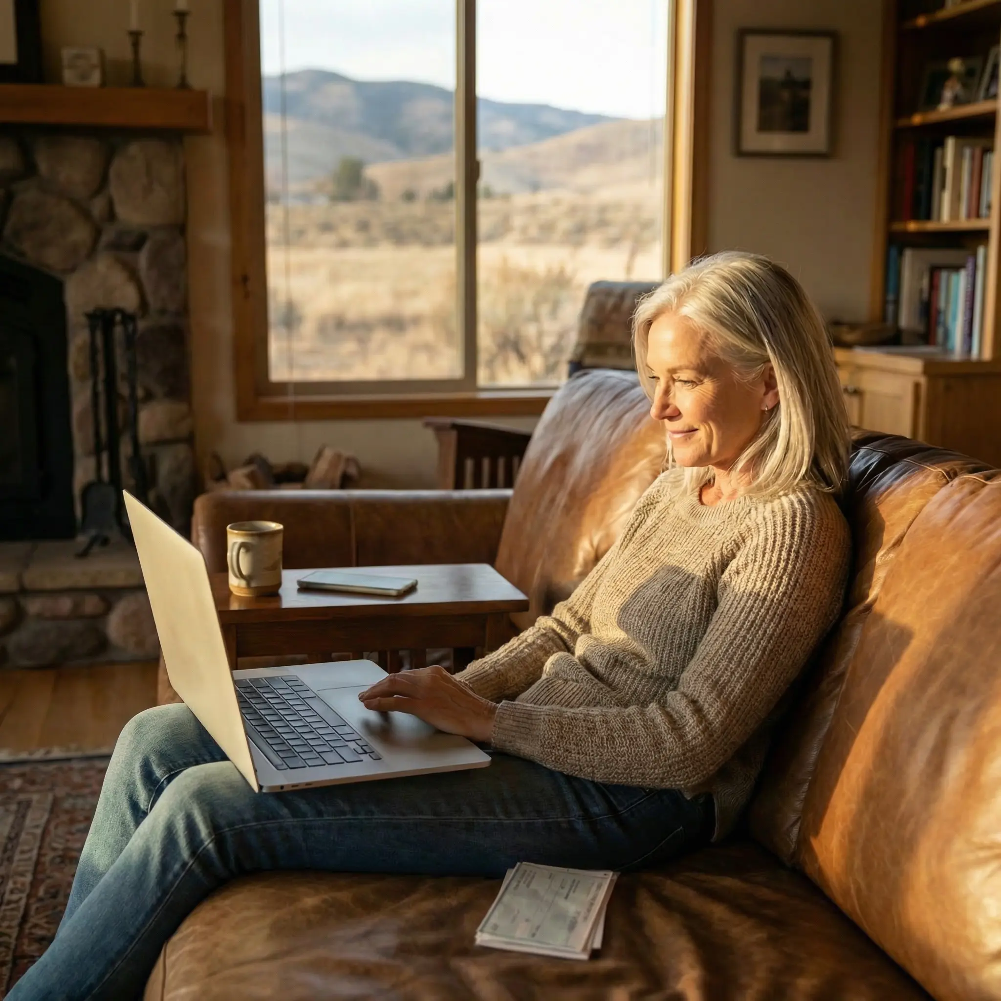 About-Mission-Valley.png Woman using a laptop on a couch in a cozy home with a scenic view