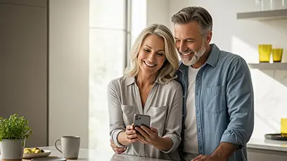 Mann und Frau stehen in einer Küche und schauen auf ein Smartphone und lächeln