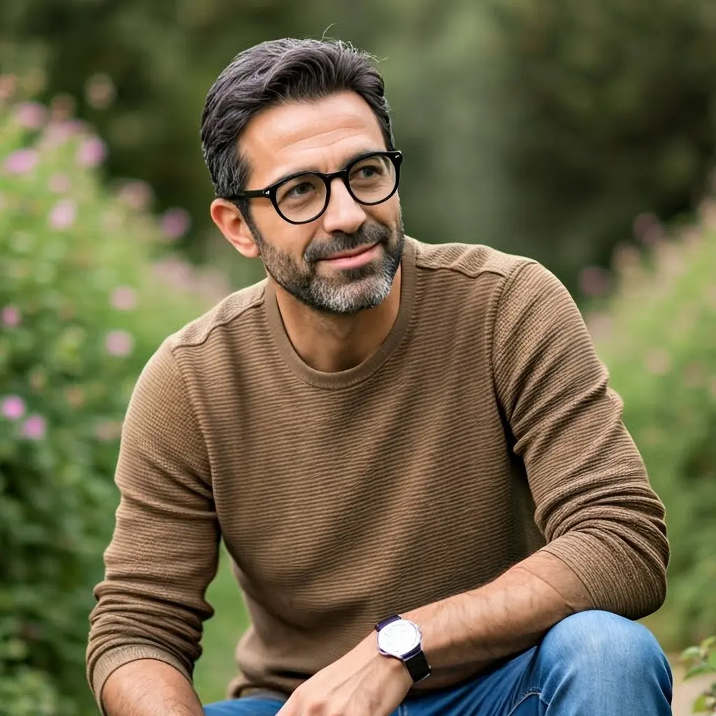 A man with glasses and a beard sits outdoors in a garden, wearing a brown sweater and jeans, smiling thoughtfully.