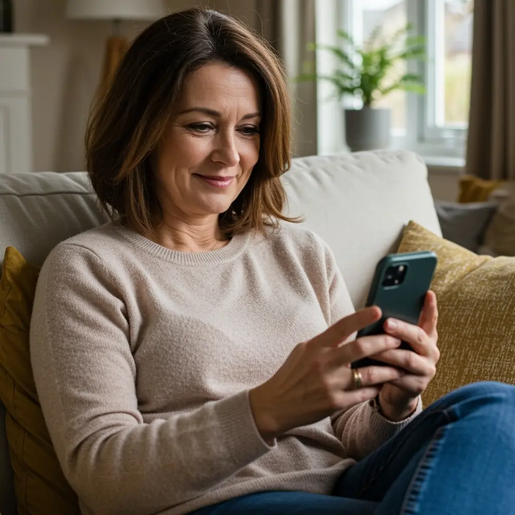 Smiling woman sits on sofa using smartphone, dressed casually in a beige sweater and jeans, with cushions and window in the background.